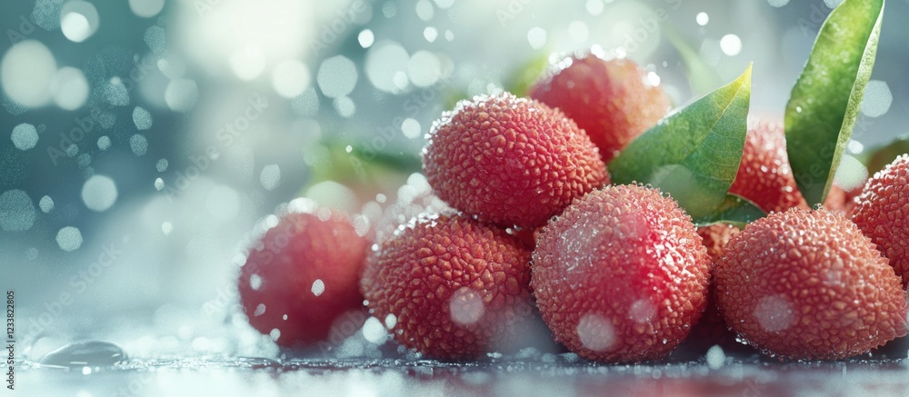 Poster fresh lychees with water droplets and green leaves on a wet surface with a blurred background and co
