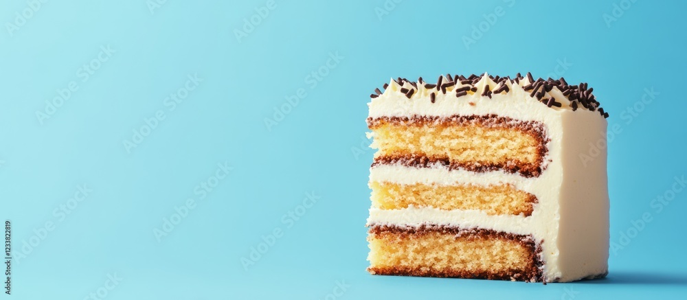 Poster Layered cake slice with frosting and chocolate sprinkles on a blue background with Copy Space