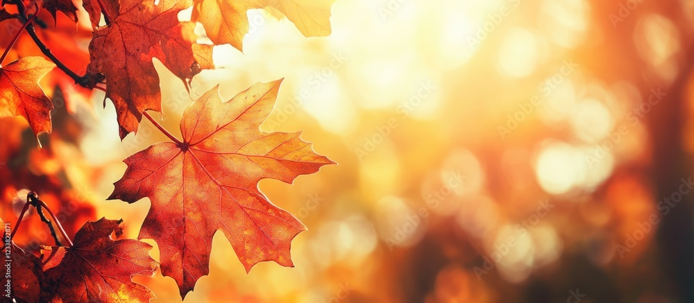 Poster autumn maple leaves with sunlight and bokeh effect on blurred background