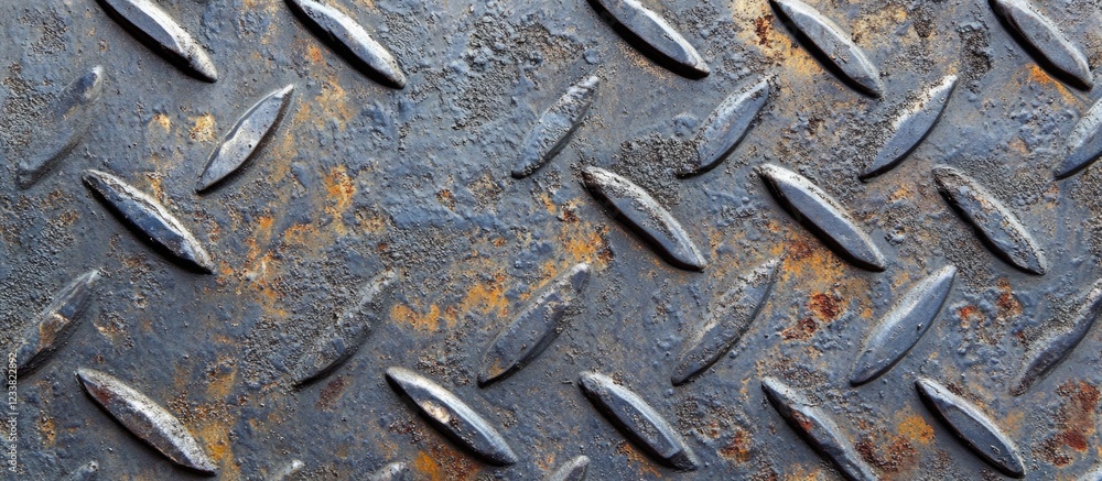 Aufkleber Rusty metal texture with raised diamond patterns on a grungy surface suitable for industrial or background design applications Copy Space
