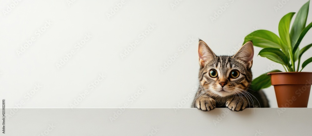Poster curious tabby cat peeking over a white table with a potted plant in the background copy space