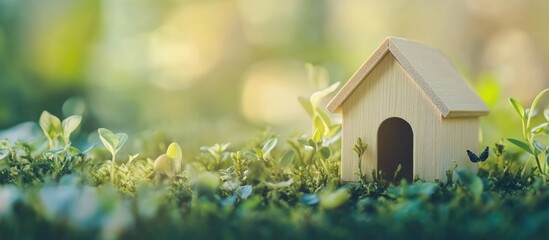 Naklejka premium Miniature wooden house on vibrant green grass surrounded by soft foliage natural light Copy Space