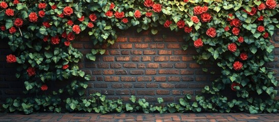 Brick wall covered with red roses and green foliage creating a natural frame Copy Space
