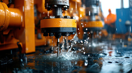 close up shot of powerful mechanical equipment with water splashing, showcasing industrial machinery in action