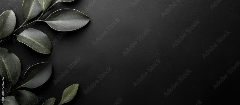 Poster dark background with green foliage leaves arrangement and copy space for text. simple minimalist des