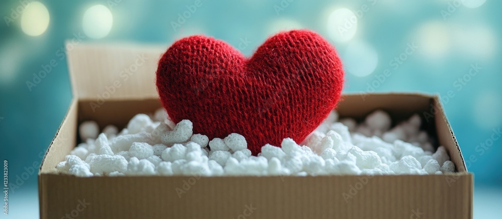 Poster red knitted heart in a cardboard box filled with white packing peanuts against a blurred blue bokeh 