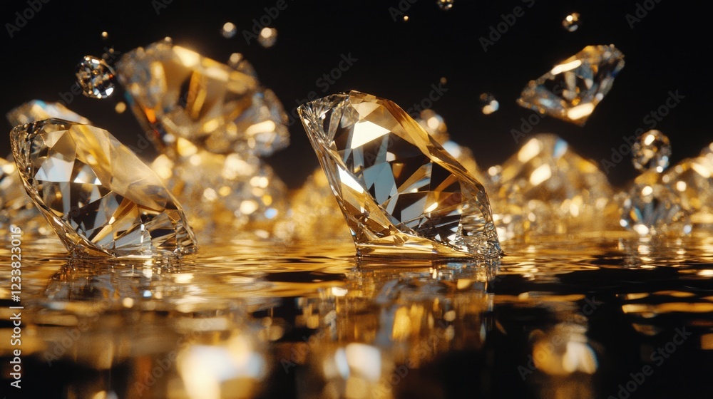 Poster diamonds shimmering over a reflective surface with sparkling light creating an elegant backdrop for 