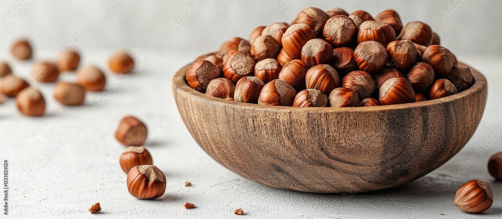 Aufkleber bowl of roasted hazelnuts with scattered nuts on a light gray background copy space