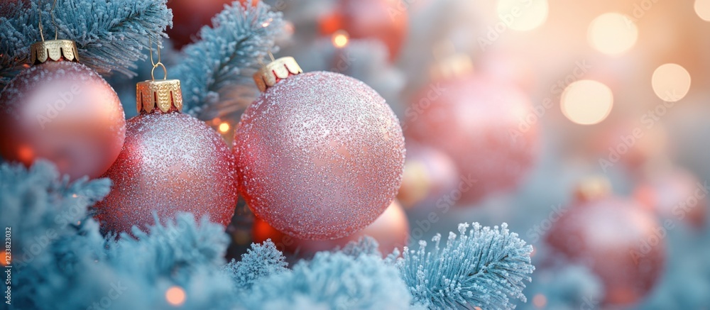 Poster close-up of pink christmas ornaments on a blue spruce tree branch with blurred bokeh lights and ampl