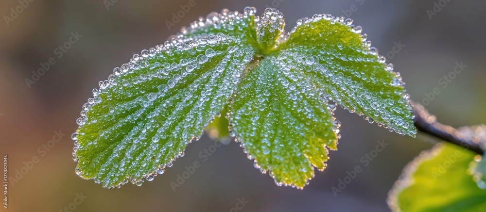 Poster close-up of dew on fresh green leaf in nature with blurred background and copy space for text placem