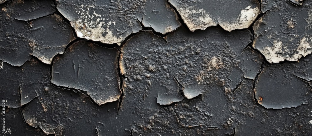 Poster black and gray flaking paint on surface with textured layers and copy space