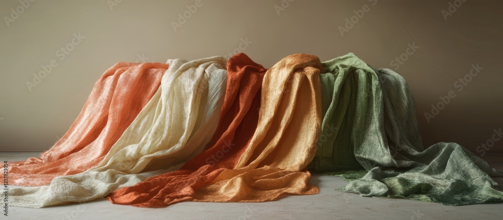 Poster Colorful silk fabrics draped on a neutral background with soft lighting and visible texture Copy Space