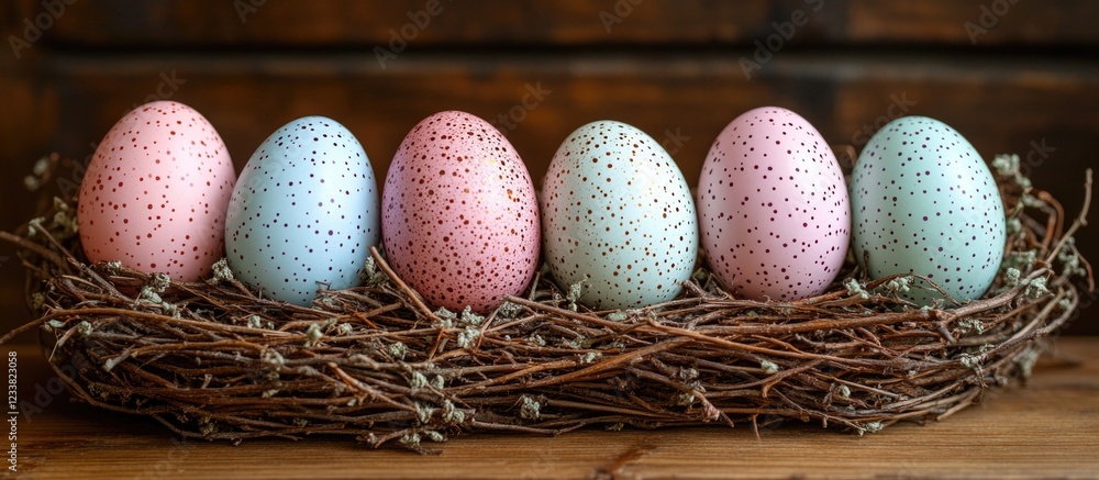 Poster colorful speckled easter eggs arranged in a nest on wooden background with copy space for text