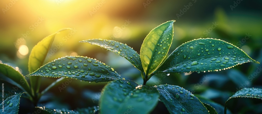 Poster fresh green tea leaves with droplets of water illuminated by soft sunlight with blurred background c