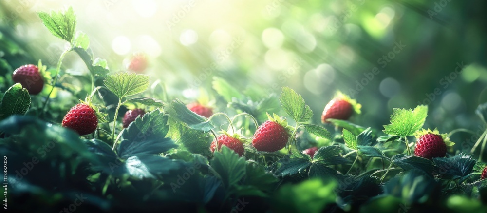 Aufkleber fresh strawberries growing in a lush green field illuminated by soft sunlight with copy space for te