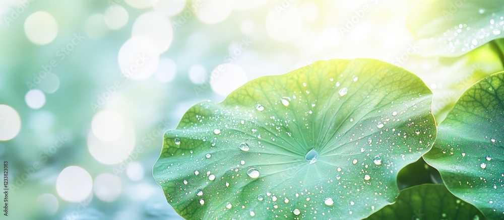 Poster close-up of green lotus leaves with water droplets and bokeh background in soft sunlight copy space
