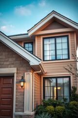 Luxury Home Exterior at Dusk: Modern Architecture, Brick Facade, and Landscaping