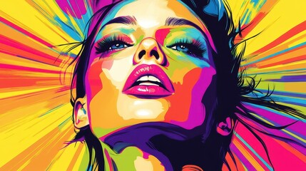 A vibrant and dynamic pop art painting featuring a modern expression of a woman in a range of bright colors.