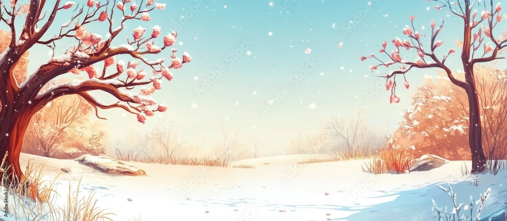 Poster winter countryside landscape with snowy trees and serene backdrop providing ample space for text or 