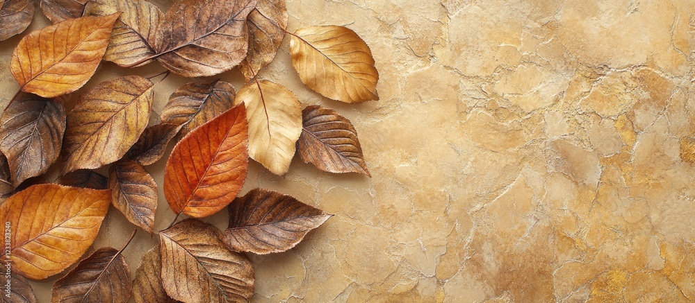 Poster Dried autumn leaves on textured stone background with copy space for text placement