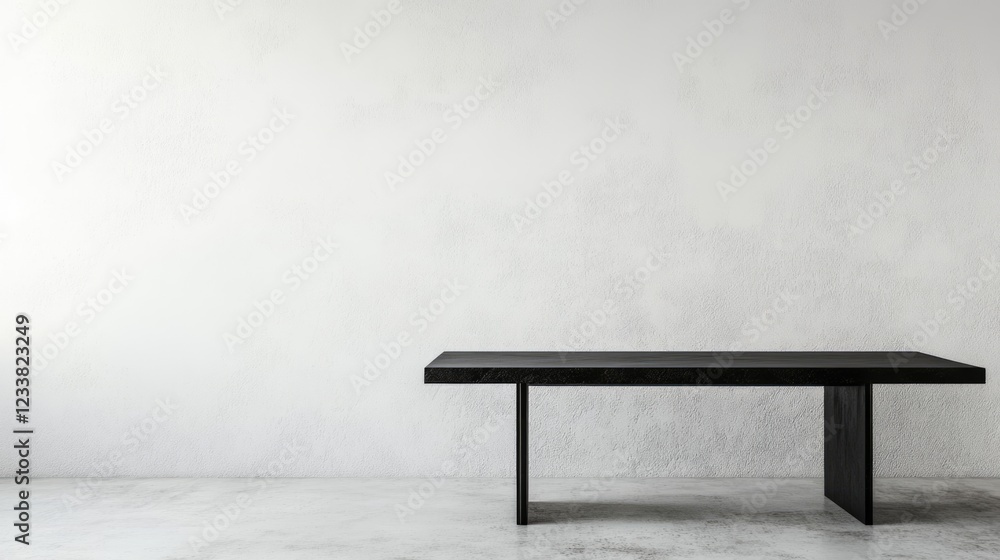 Poster Minimalist black wooden table against a plain textured wall with ample copy space for text placement