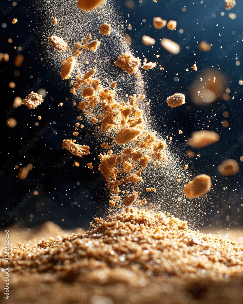 Poster golden crumbly material falling and scattering against a dark background creating a dynamic scene