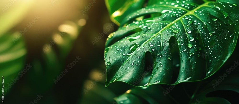 Aufkleber close-up of green tropical leaves with water droplets on surface illuminated by soft sunlight copy s