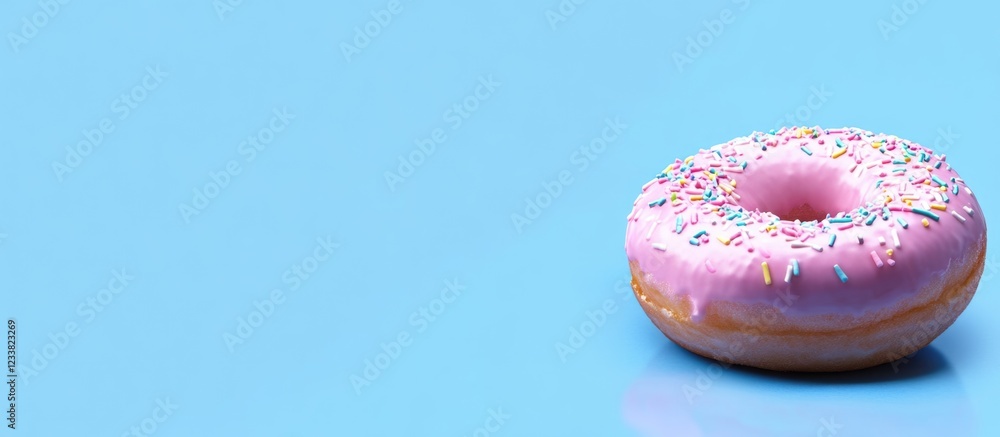 Poster pink frosted donut with sprinkles on a blue background featuring ample copy space for text placement