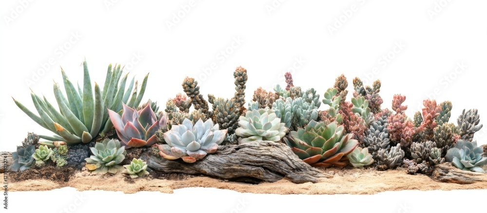 Aufkleber succulent plants arrangement on driftwood with white background and copy space for text usage