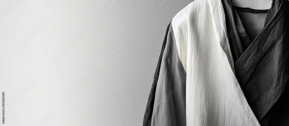 Poster minimalist fashion design showcasing a modern black and white garment with soft textures and copy sp