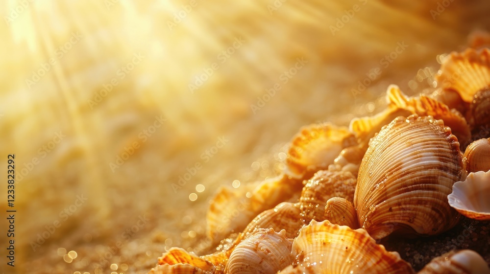 Poster sunlight illuminating seashells on sandy beach with clear space for text or graphics