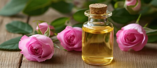 Pink roses and a glass bottle of essential rose oil on a wooden surface with copy space for text