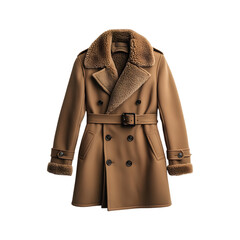 Faux Fur-Lined Trench Coat in Classic Beige Isolated on Transparent Background