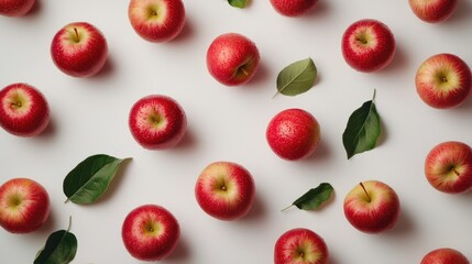 Red apples and green leaves pattern on white background with copy space