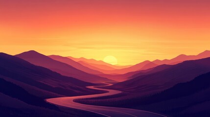 Fototapeta premium Serene sunset over a winding road through a mountainous landscape with vibrant colors and ample empty space for overlaying text.