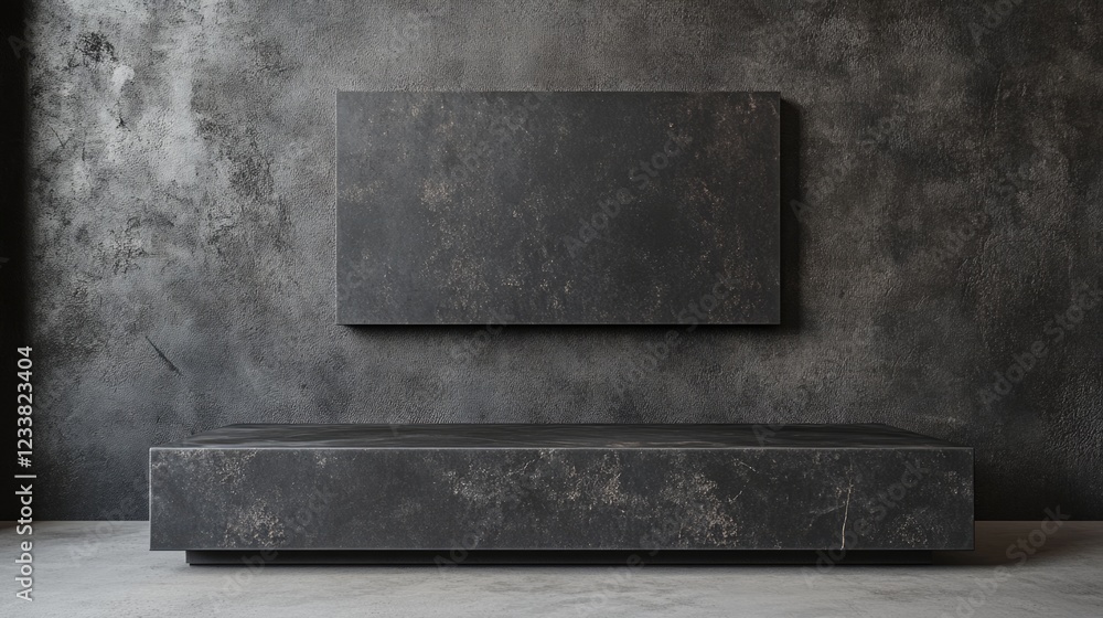 Aufkleber Modern minimalist interior with dark textured wall and simple rectangular furniture, ample copy space for text placement.
