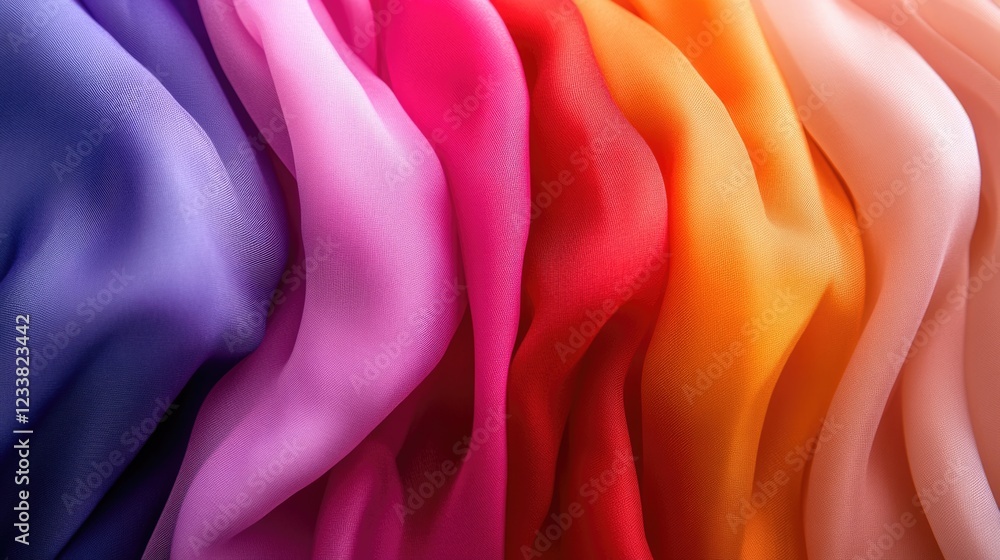 Aufkleber Colorful silk fabric draped in waves displaying a gradient of vibrant hues with Copy Space for text placement