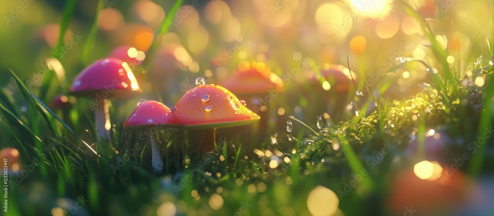 Poster mushroom cluster with dew drops on grass illuminated by soft sunlight bokeh copy space
