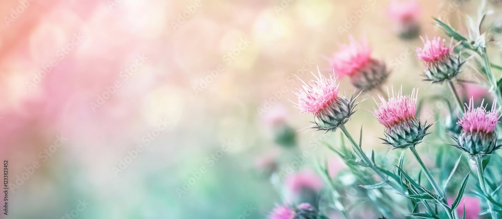 Poster pink wildflowers with blurred pastel background and copy space for text. soft focus floral image wit