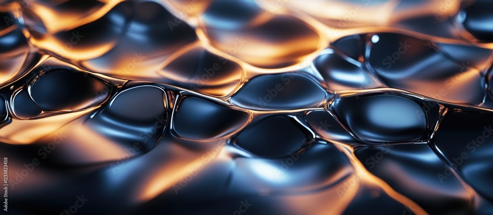 Aufkleber Abstract close-up of textured liquid surface with illuminated bubbles and reflections in shades of blue and orange Copy Space