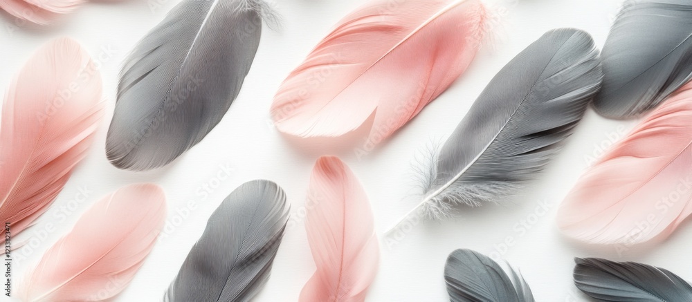Poster pink and gray decorative feathers arranged on a white background with copy space for text placement