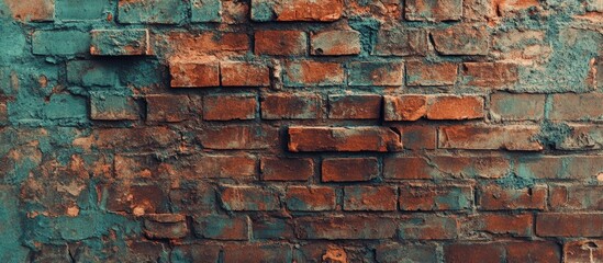 Weathered red brick wall with teal paint patches and rough texture