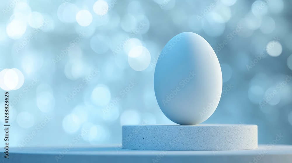 Poster blue background with soft bokeh effect featuring a single white egg on a circular pedestal copy spac