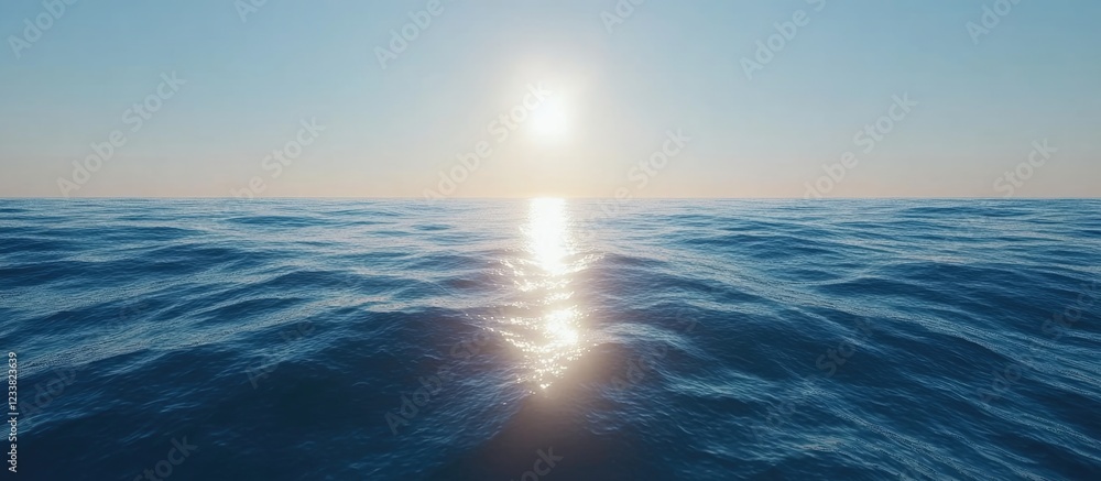 Poster sunlight reflection on calm ocean waters with clear blue sky and gentle waves copy space
