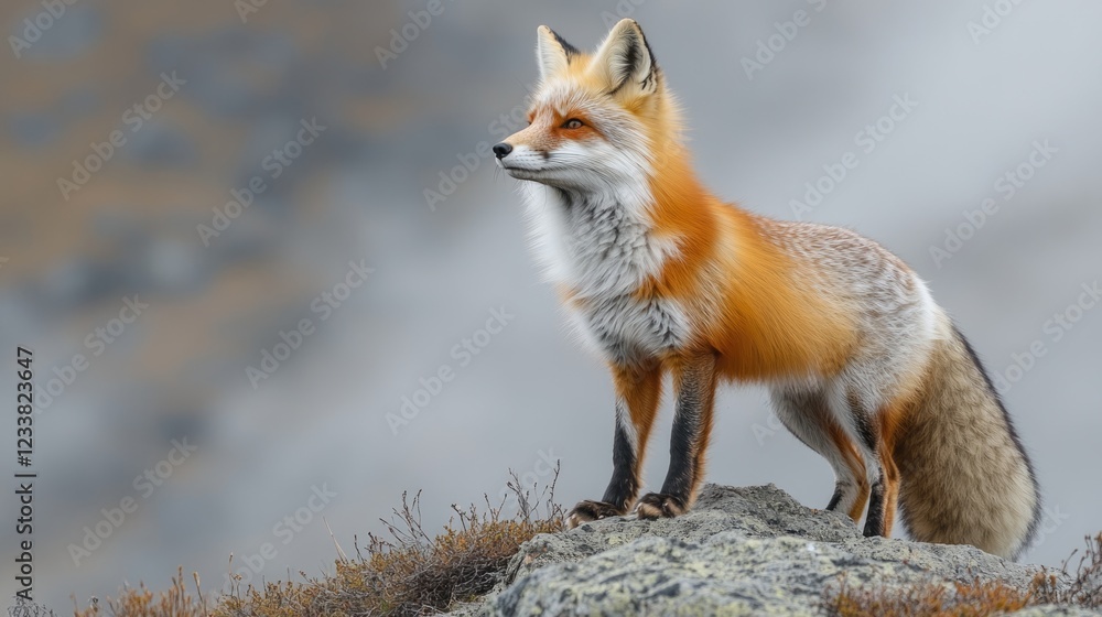 Poster red fox standing on a rock with a blurred background showcasing natural habitat copy space