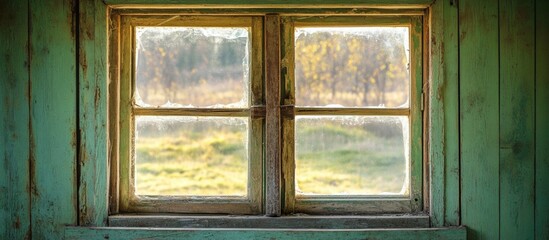 Fototapeta premium Rustic wooden window frame with peeling paint overlooking grassy landscape and trees
