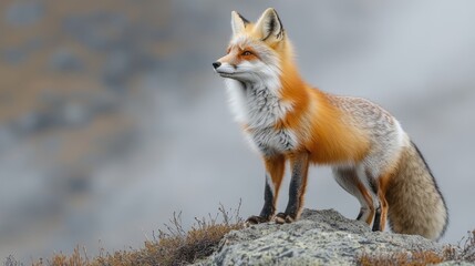Naklejka premium Red fox standing on a rock with a blurred background showcasing natural habitat Copy Space
