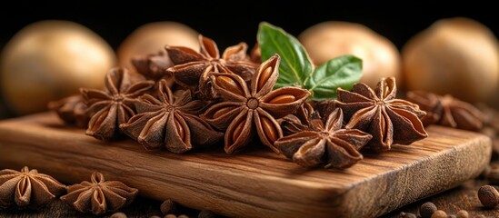 Star anise seeds on wooden board with green leaves and blurred golden ornaments in background Copy Space