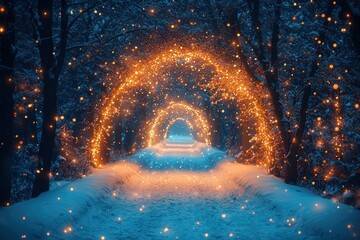 Fototapeta premium Enchanted winter pathway illuminated by glowing arches in a snowy forest.