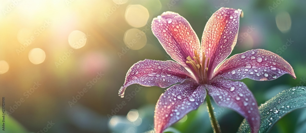 Poster close-up of a pink lily flower with water droplets in soft sunlight with blurred background and copy